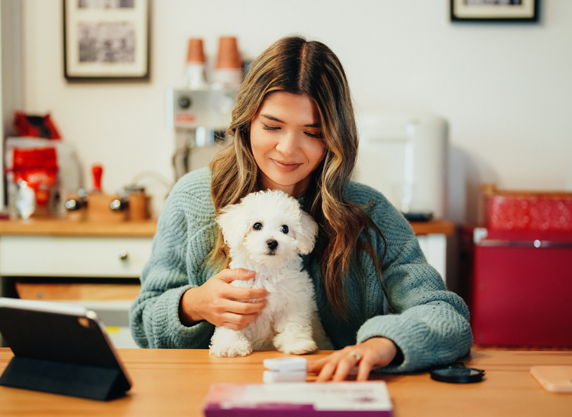 A girl holding a small white dog